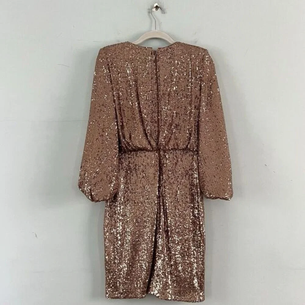 NWT‎ Vince Camuto Jewel Neck 3/4 Length Ballon Sleeve Gold Copper Sequin Dress
